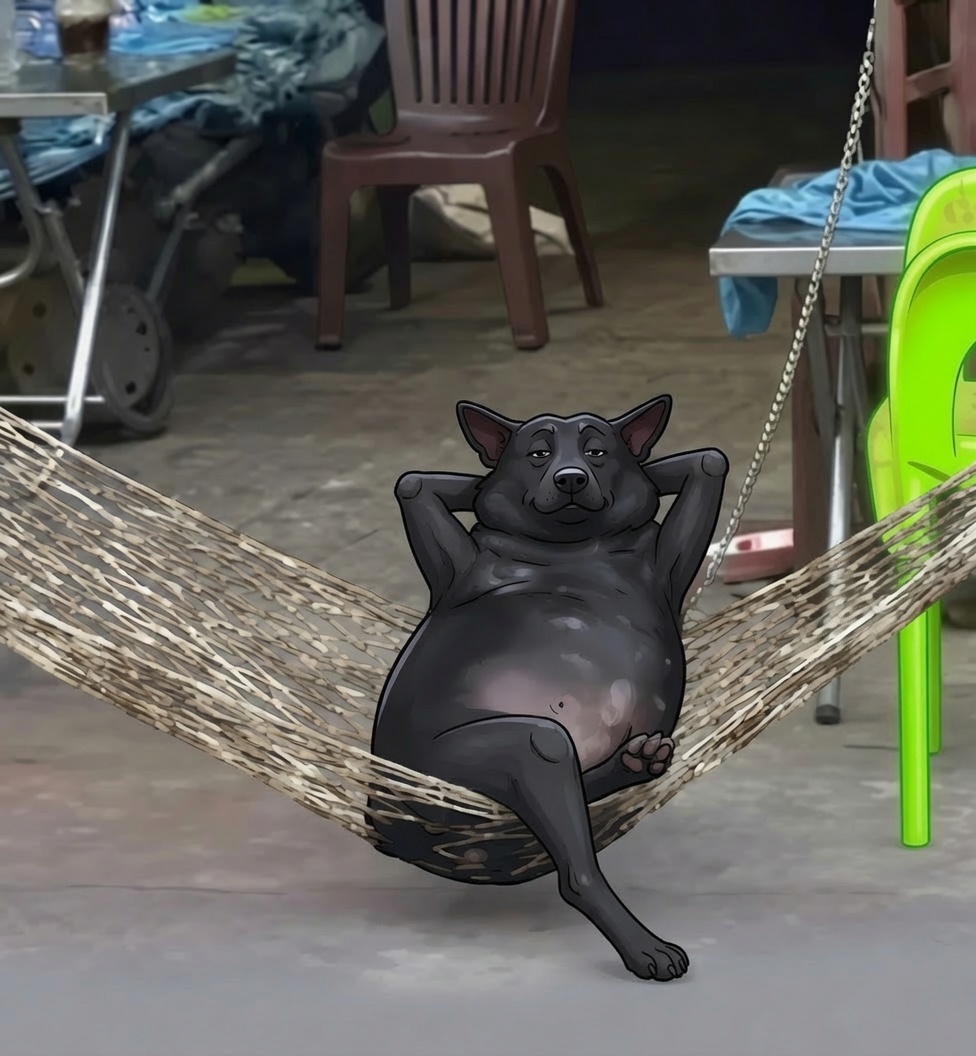 Bratan, the hammock dog, lying back with paws behind his head